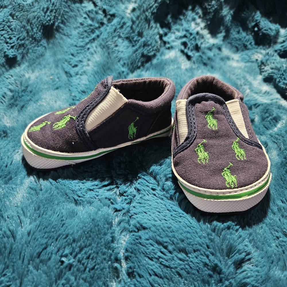 Polo Ralph Lauren Navy Blue Green‎ Crib Baby Boys Shoes Size 2